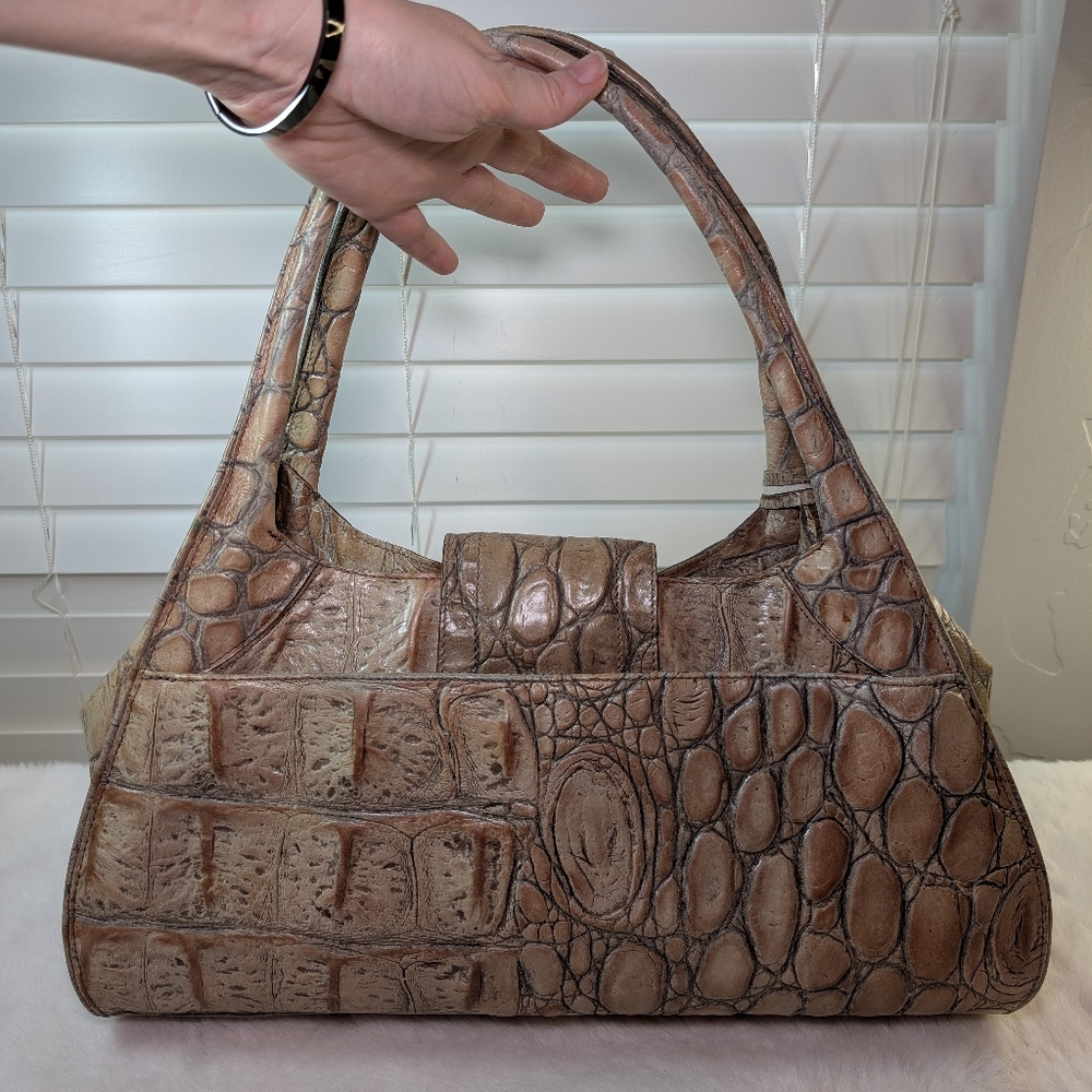 Vintage Brahmin Croc-Embossed Structured Leather Satchel | Beige | Gold Hardware - Picture 6 of 16